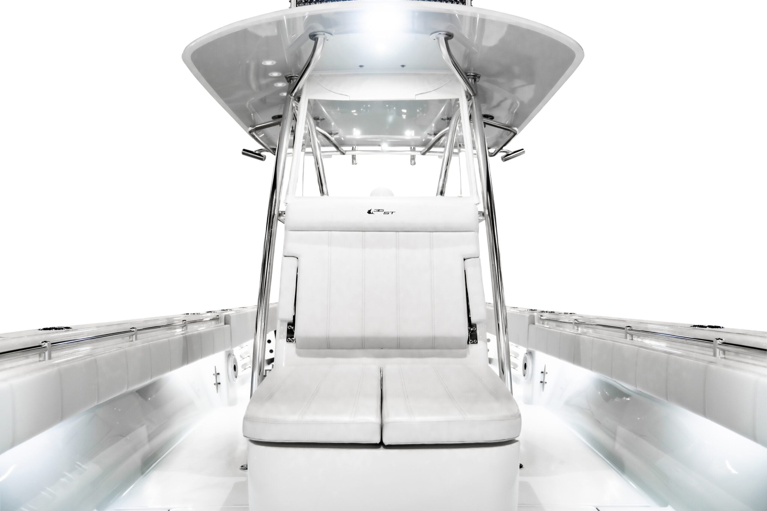 A white luxury boat with a helm station and seating area, featuring polished metal structures and cushioned seats, viewed from the front.